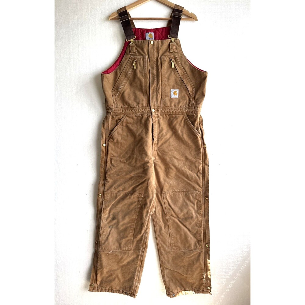 VTG Carhartt Men's 36x30 Quilt Red Lined Brown Duck Bib Overalls R38 BRN Western